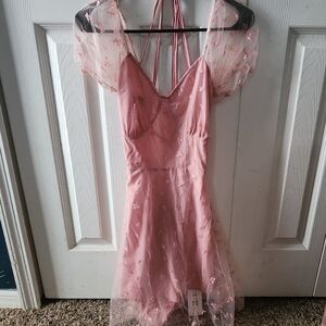 Pink Sheer Puff Sleeve Dress